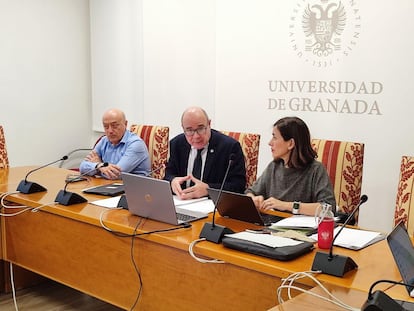 El rector de la Universidad de Granada, Pedro Mercado, durante el consejo de gobierno en el que se ha decidido suspender las relaciones con universidades israelíes. / UGR