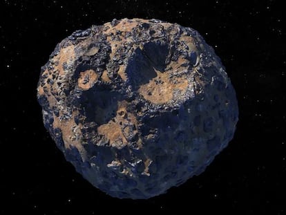 Concepto artístico que representa al asteroide 16 Psique, rico en metales, que se encuentra en el cinturón de asteroides principal entre Marte y Júpiter.