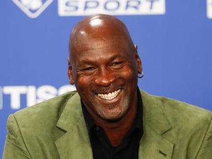 Basketball legend Michael Jordan speaks during a press conference ahead of an NBA basketball game between the Charlotte Hornets and Milwaukee Bucks in Paris, Jan. 24, 2020.