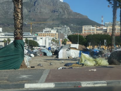 Chamizos de personas sin hogar en un parque de Ciudad del Cabo, a principios de junio de 2024.