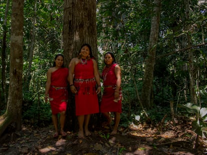 En el centro de la foto, Ruth Cumbia Sejekam, junto a algunas de las integrantes de el Bosque de las Nuwas, un emprendimiento de mujeres de Shampuyacu, en Perú.