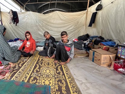 Samia Abu Juwayad, junto con sus tres hijos con discapacidad mental, en la granja avícola en la que viven en Al-Mawasi, al sur de la Franja.