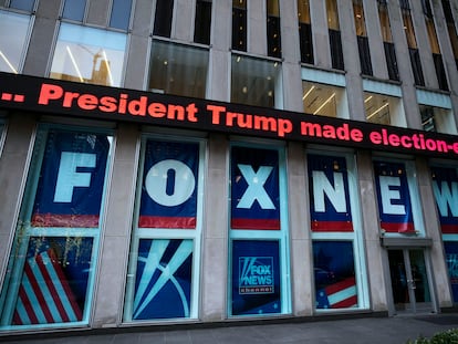 A headline about President Donald Trump is displayed outside Fox News studios, on Nov. 28, 2018, in New York.