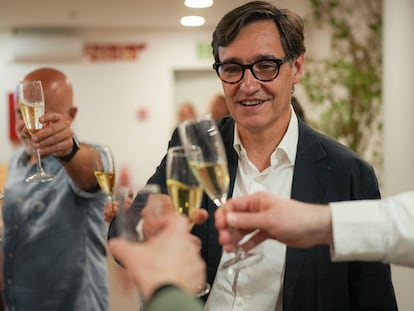 Socialist candidate Salvador Illa makes a toast with his team after the announcement of results of the Catalan election on Sunday.