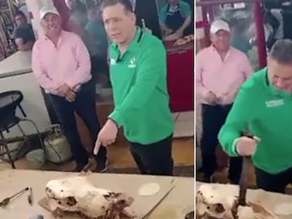 El exgobernador de Tamaulipas, Eugenio Hernández, quebró a machetazos una cabeza de vaca, el 14 de abril de 2024.