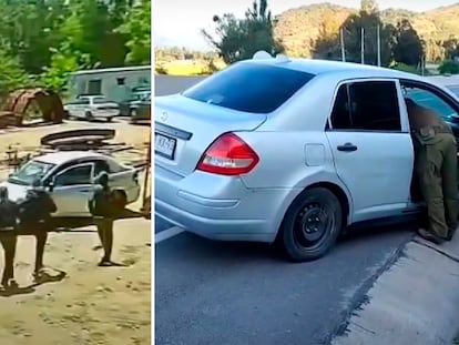 A la izquierda, el secuestro del empresario, y a la derecha, el vehículo en el que lo transportaron tras ser abandonado en Rancagua, en imágenes compartidas en redes sociales.