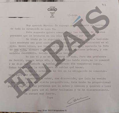 Documento del colegio jesuita de Casp en Barcelona alertando a la comunidad en Bolivia del contacto de Luis Tó con menores.