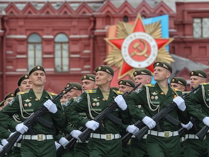 Russian soldiers during the rehearsal of the Victory Day military parade in Moscow's Red Square, on Sunday.