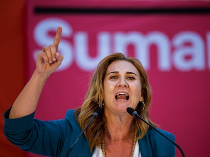 La cabeza de lista de Sumar al Parlamento Europeo, Estrella Galán, el día 8 en su mitin de cierre de campaña, en Valencia.