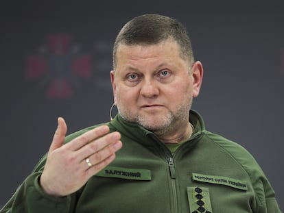 Valerii Zaluzhnyi, Commander-in-Chief of the Armed Forces of Ukraine, addresses a press conference in Kyiv, Ukraine, 26 December 2023.