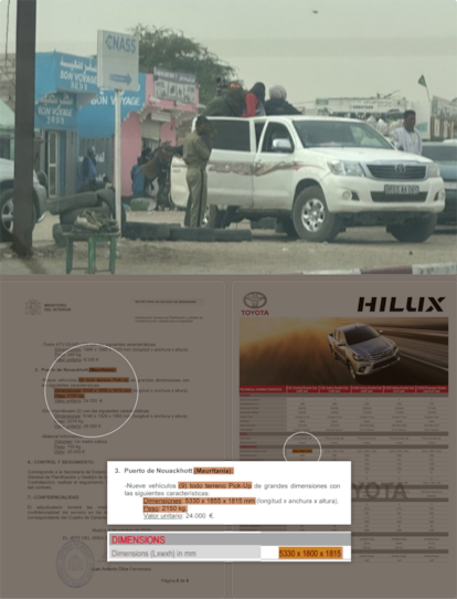 Las camionetas Toyota Hilux que los agentes mauritanos utiliza para arrestar migrantes coinciden con las características técnicas de nueve vehículos que el Ministerio del Interior español donó a Mauritania en 2018. Las Toyota Hilux también han sido grabadas entrando y saliendo de los centros de detención. 

