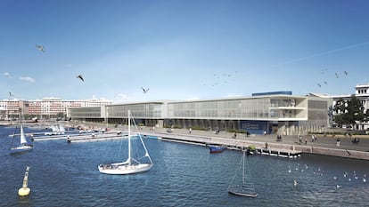 Simulación de cómo quedará parte del frente norte de la dársena interior de Valencia, con el tercer edificio nuevo (primero a la derecha) de marina de Empresas.