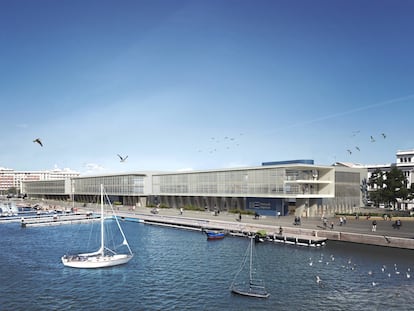 Simulación de cómo quedará parte del frente norte de la dársena interior de Valencia, con el tercer edificio nuevo (primero a la derecha) de marina de Empresas.