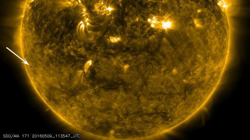 On May 9, 2016, Mercury passed directly between the Sun and Earth, making a transit of the Sun. Mercury transits happen about 13 times each century. NASA SDO studies the Sun 24/7 and captured the eight-hour event.