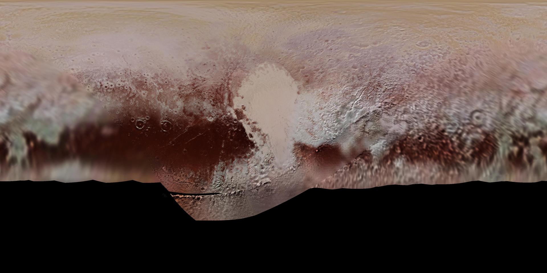 This detailed global mosaic color map of Pluto is based on a series of three color filter images obtained NASA's New Horizons during the spacecraft close flyby of Pluto in July 2015.
