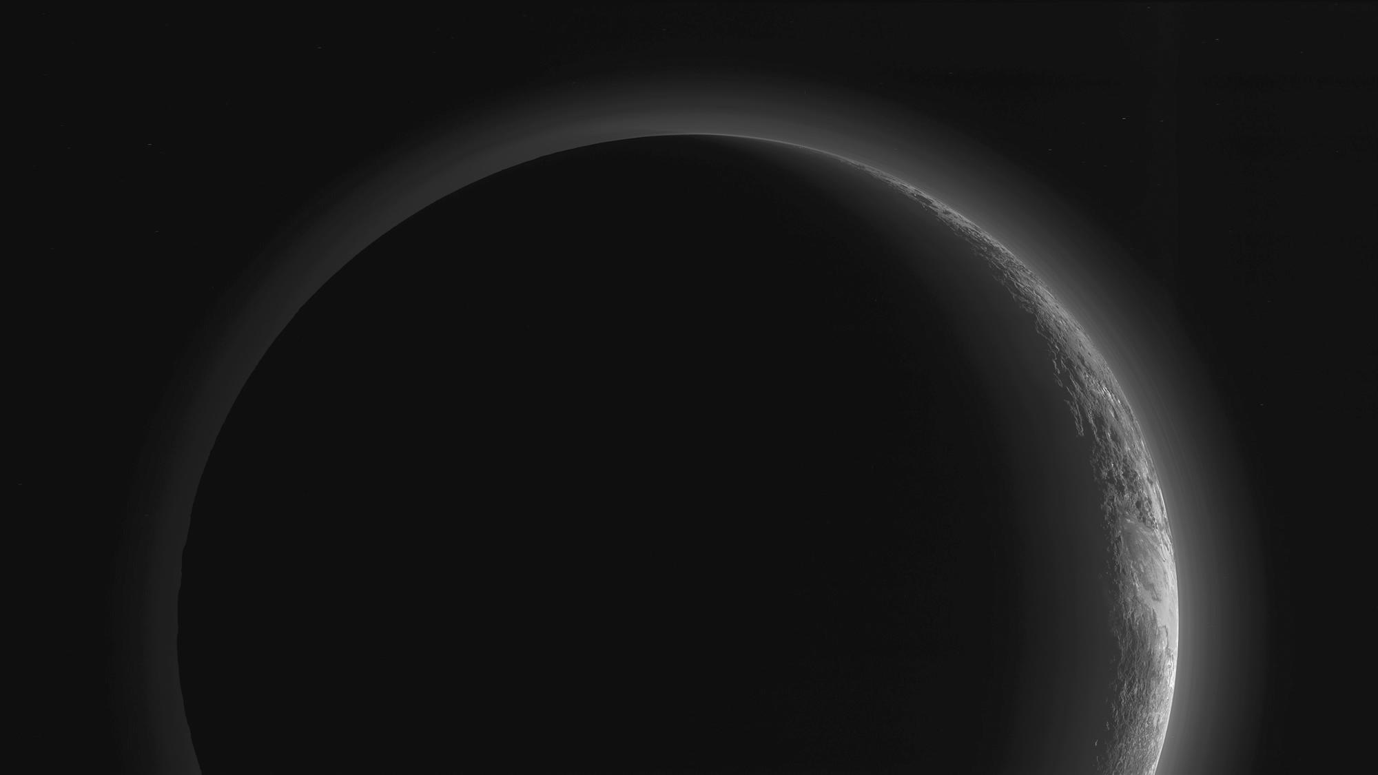 This image was made just 15 minutes after NASA New Horizons spacecraft closest approach to Pluto on July 14, 2015, as the spacecraft looked back at Pluto toward the sun.