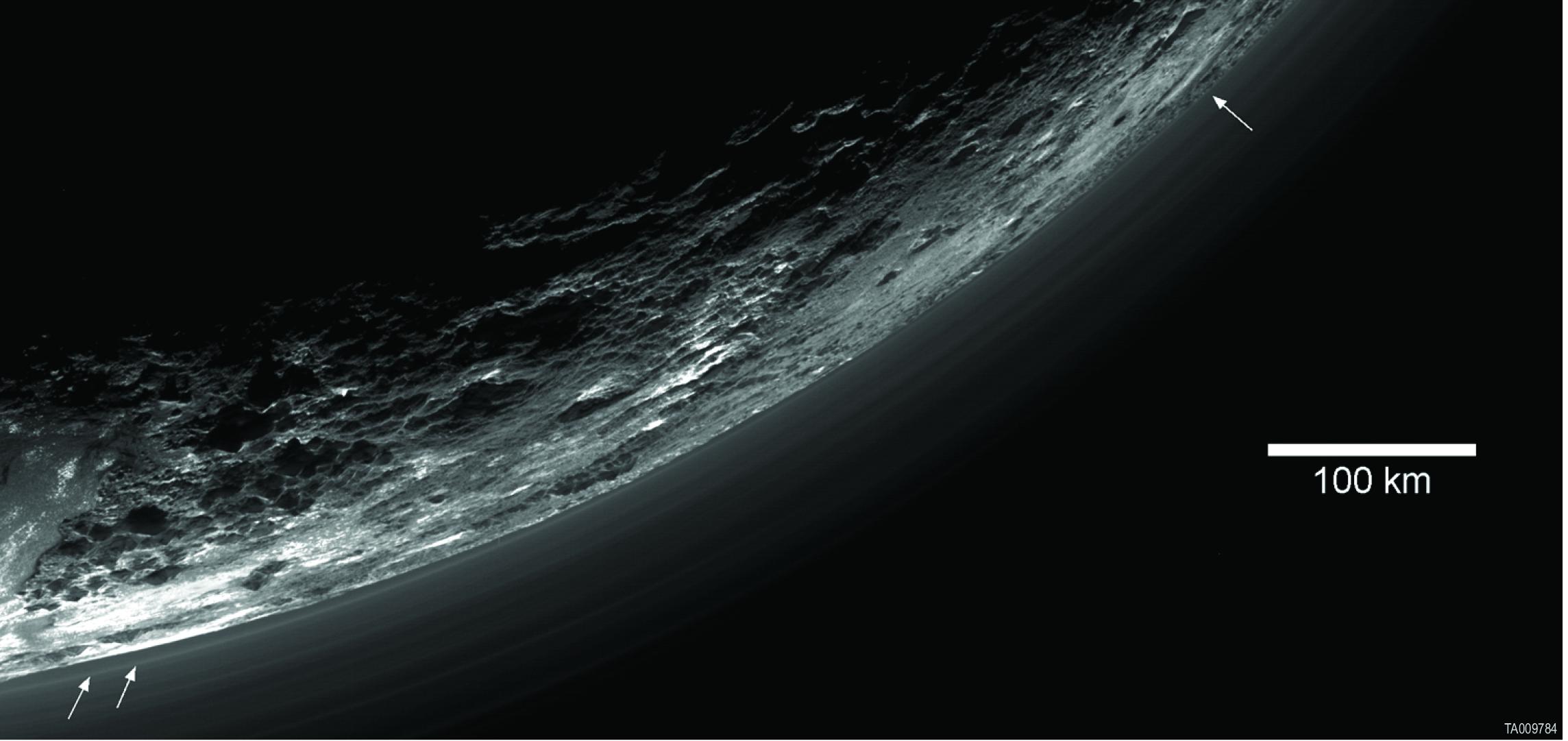 This image of haze layers above Pluto limb was taken by NASA New Horizons spacecraft. About 20 haze layers are seen.