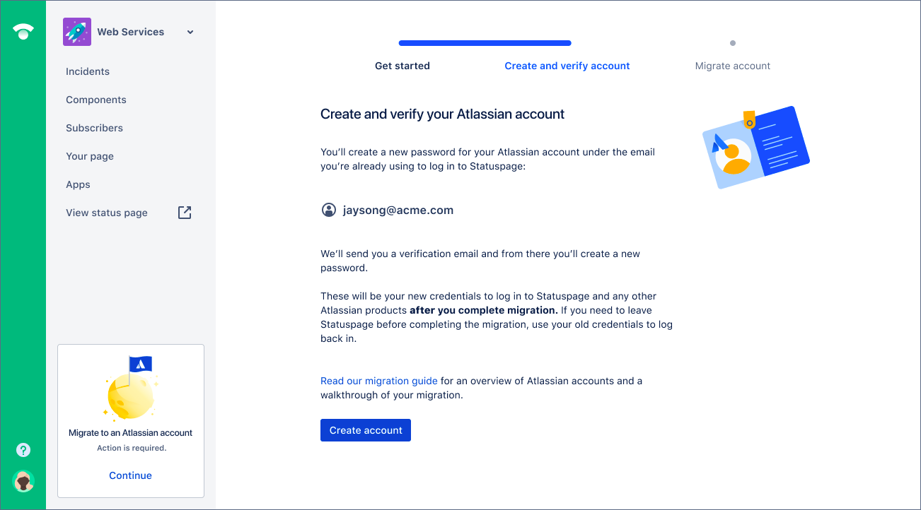 Step 2 in the migration wizard to create and verify an Atlassian account