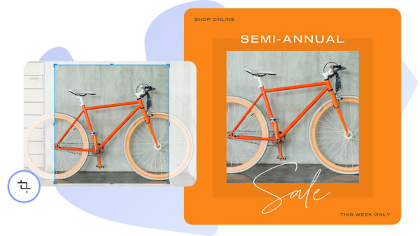 A photo of a bicycle shows on the left with crop tools in position. On the left, the cropped photo appears in a design.