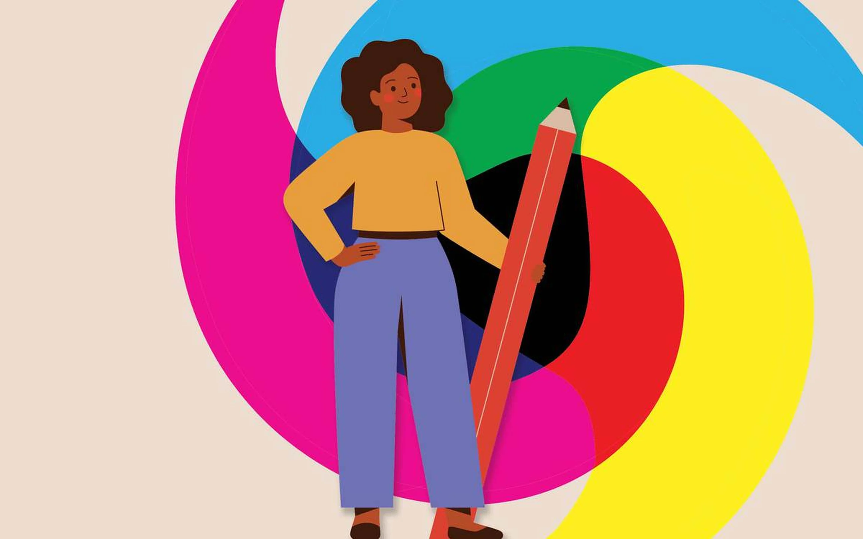 Vector of black business woman holding a big pencil with a color swirl in the background.