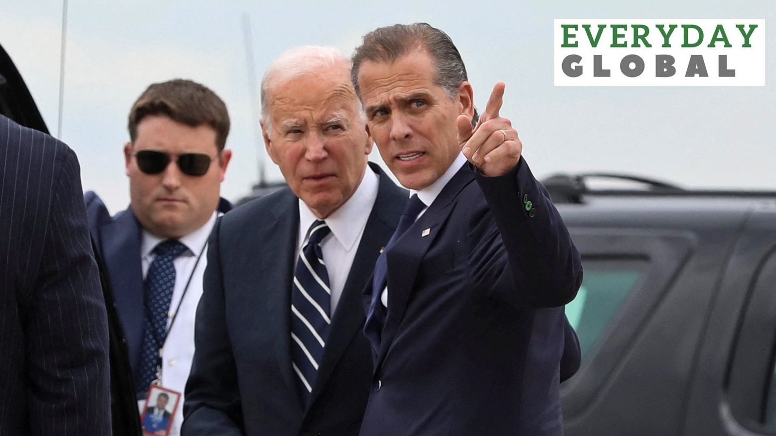 U.S. President Joe Biden stands with his son Hunter Biden, who earlier in the day was found guilty on all three counts in his criminal gun charges trial, as President Biden arrived at the Delaware Air National Guard Base in New Castle, Delaware, U.S., June 11, 2024.