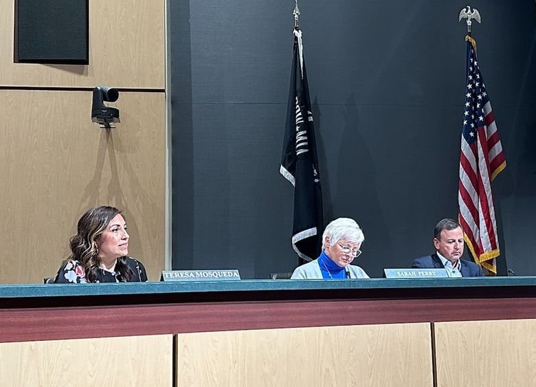 Councilmember Teresa Mosqueda (left), a co-sponsor of the ordinance adopting King County’s crisis care centers implementation plan, speaks during a Metropolitan King County Council meeting June 18, 2024. (Taylor Blatchford / The Seattle Times)