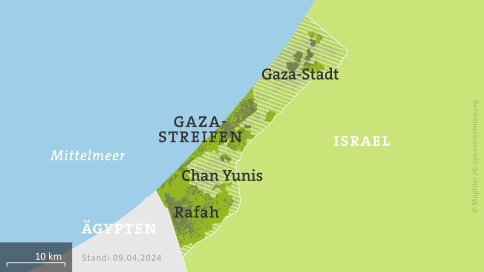 Karte: Gazastreifen, schraffiert: von der israelischen Armee kontrollierte Gebiete