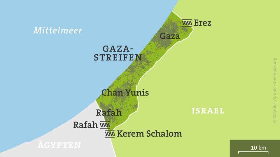 Karte Gazastreifen mit Grenzübergängen Rafah, Kerem Schalom, Erez