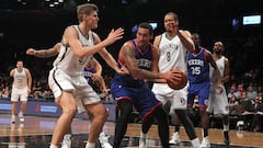 Oct 20, 2014; Brooklyn, NY, USA; Philadelphia 76ers power forward Drew Gordon (30) controls the ball in front of Brooklyn Nets small forward Andrei Kirilenko (47) and center Jerome Jordan (9) during the second quarter at Barclays Center.
