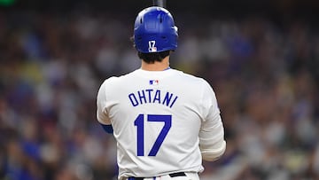 May 22, 2024; Los Angeles, California, USA; Los Angeles Dodgers designated hitter Shohei Ohtani (17) on deck before hitting against the Arizona Diamondbacks during the fifth inning at Dodger Stadium. Mandatory Credit: Gary A. Vasquez-USA TODAY Sports