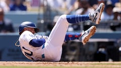 LOS ANGELES, CALIFORNIA - JUNE 16: Mookie Betts #50 of the Los Angeles Dodgers reacts after getting hit by a pitch during the seventh inning against the Kansas City Royals at Dodger Stadium on June 16, 2024 in Los Angeles, California.   Katelyn Mulcahy/Getty Images/AFP (Photo by Katelyn Mulcahy / GETTY IMAGES NORTH AMERICA / Getty Images via AFP)