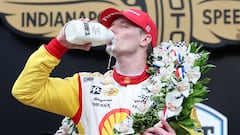 INDIANAPOLIS, INDIANA - MAY 26: Josef Newgarden, driver of the #2 Shell Powering Progress Team Penske, celebrates in Victory Circle after winning the 108th Running of the Indianapolis 500 at Indianapolis Motor Speedway on May 26, 2024 in Indianapolis, Indiana.   Justin Casterline/Getty Images/AFP (Photo by Justin Casterline / GETTY IMAGES NORTH AMERICA / Getty Images via AFP)