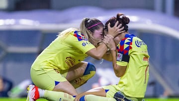     Kiana Palacios celebrates her goal 1-0 with Katty Martinez of America during the final first leg match between America and Monterrey as part of the Torneo Clausura 2024 Liga MX Femenil at Azteca Stadium, on May 23, 2024 in Mexico City, Mexico.
