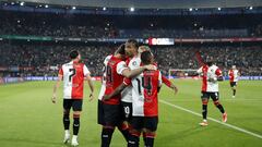 Feyenoord players celebrate their team's third goal during the Dutch Eredivisie football match between Feyenoord and PEC Zwolle at Feyenoord Stadion de Kuip on May 5, 2024 in Rotterdam. (Photo by Bart Stoutjesdijk / ANP / AFP) / Netherlands OUT