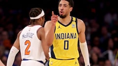 Tyrese Haliburton #0 of the Indiana Pacers reacts in the first quarter against the New York Knicks in Game Seven of the Eastern Conference Second Round Playoffs at Madison Square Garden on May 19, 2024 in New York City.