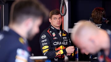 Red Bull Racing's Dutch driver Max Verstappen looks on from the pits during the qualifying session of the Formula One Monaco Grand Prix on May 25 2024 at the Circuit de Monaco, on the eve of the race. (Photo by CLAUDIA GRECO / POOL / AFP)