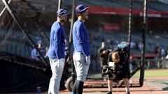 SAN FRANCISCO, CALIFORNIA - AUGUST 03: Miguel Antonio Vargas (right) #71 talks to Joey Gallo #12 of the Los Angeles Dodgers during batting practice before their game against the San Francisco Giants at Oracle Park on August 03, 2022 in San Francisco, California.   Ezra Shaw/Getty Images/AFP
== FOR NEWSPAPERS, INTERNET, TELCOS & TELEVISION USE ONLY ==