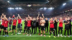 (From L) Albania's midfielder #14 Qazim Laci, Albania's midfielder #08 Klaus Gjasula, Albania's forward #16 Medon Berisha and Albania's forward #15 Taulant Seferi acknowledge the public at the end of the UEFA Euro 2024 Group B football match between Albania and Spain at the Duesseldorf Arena in Duesseldorf on June 24, 2024. (Photo by Alberto PIZZOLI / AFP)