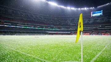   Hail (Granizo) during the final first leg match between America and Monterrey as part of the Torneo Clausura 2024 Liga MX Femenil at Azteca Stadium, on May 23, 2024 in Mexico City, Mexico.