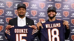 LAKE FOREST, ILLINOIS - APRIL 26: Rome Odunze #15 and Caleb Williams #18 of the Chicago Bears pose for a photo during their introductory press conference at Halas Hall on April 26, 2024 in Lake Forest, Illinois. Caleb Williams was selected first overall and Rome Odunze was selected ninth overall in the first round of the 2024 NFL Draft Thursday.   Michael Reaves/Getty Images/AFP (Photo by Michael Reaves / GETTY IMAGES NORTH AMERICA / Getty Images via AFP)