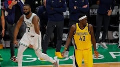 Boston Celtics guard Jaylen Brown (L) gestures after making a three point shot over Indiana Pacers forward Pascal Siakam (R) during the second half of the Boston Celtics overtime win in the NBA Eastern Conference Finals game one against the Indiana Pacers, in Boston, Massachusetts, USA, 21 May 2024.