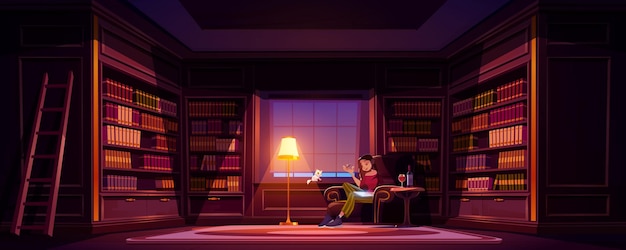 Bezpłatny wektor młoda kobieta w domu pisania w bibliotece z winem