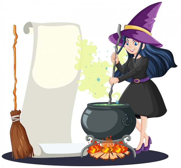 Młoda piękna czarownica z czarną magiczną doniczką i miotłą i pustą notatkę stylu cartoon na białym tle