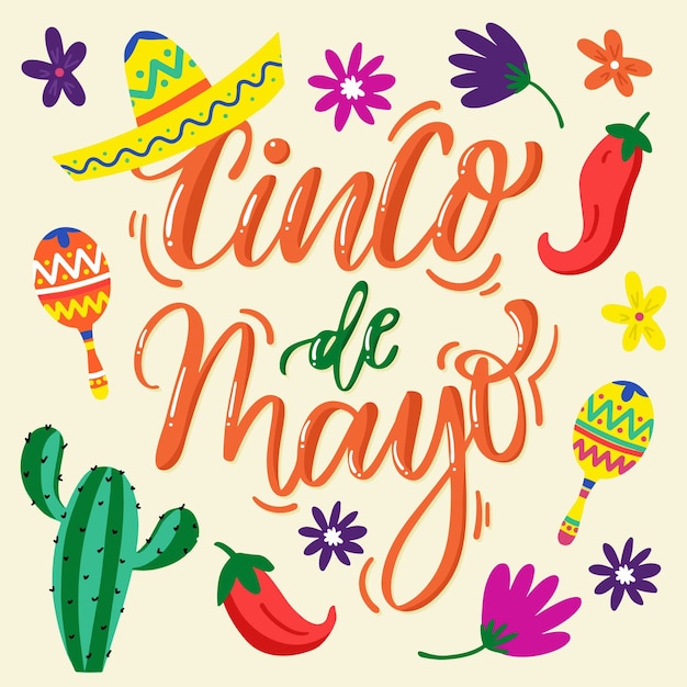 Napis Cinco de Mayo z różnymi elementami meksykańskimi