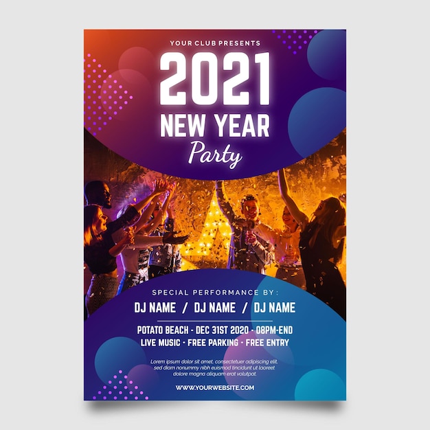 Bezpłatny wektor noworoczna ulotka imprezowa 2021 ze zdjęciem