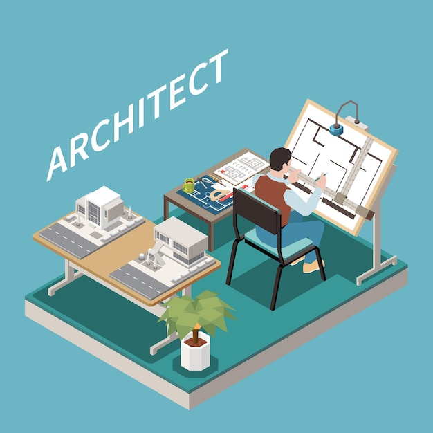 Bezpłatny wektor architekt przy stole izometryczny skład z widokiem na obszar roboczy architekta z modelem architektonicznym i arkuszem projektu