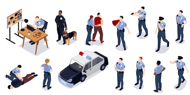 Bezpłatny wektor izometryczny policyjny zestaw izolowanych ikon z ludzkimi postaciami oficerów inspektorów z ilustracją wektorową samochodu i detektywa
