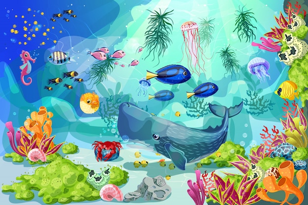 Bezpłatny wektor kreskówka szablon morskiego krajobrazu podwodnego