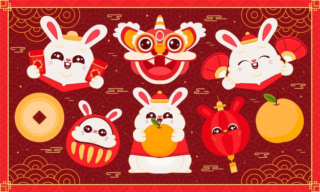 Bezpłatny wektor płaska kolekcja elementów obchodów festiwalu chińskiego nowego roku