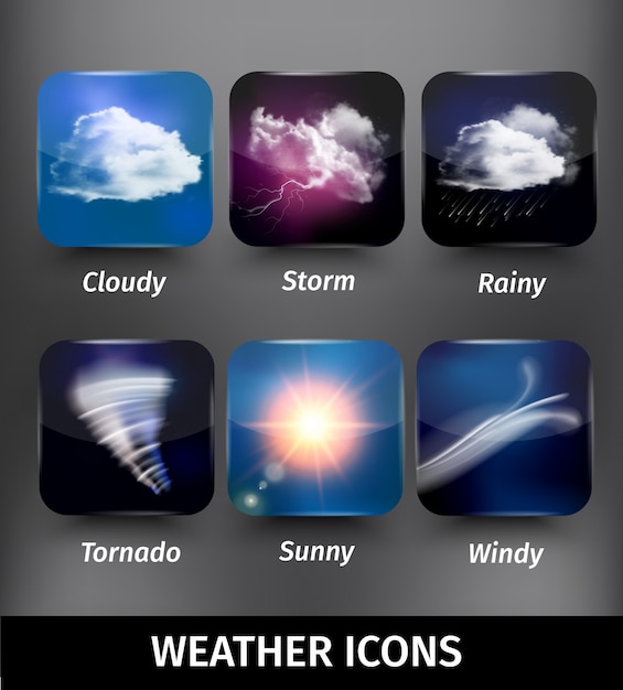 Bezpłatny wektor realistyczna kwadratowa ikona pogody ustawiona na motywach pochmurnej burzy deszczowej tornado słonecznej wietrznej